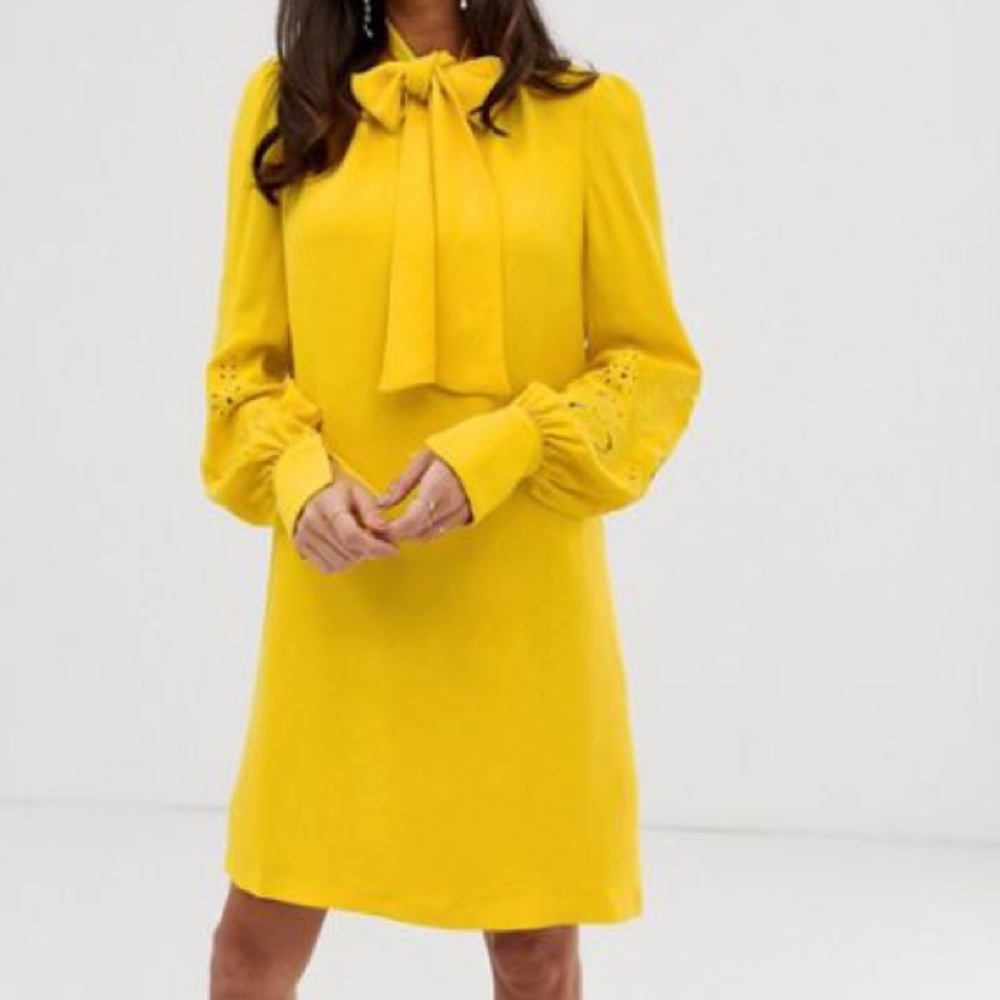 French Connection Arimi Pussybow Dress, Yellow